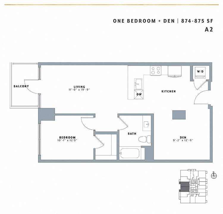 Floor plan for 1 bed, 1 bath, 874 sqft